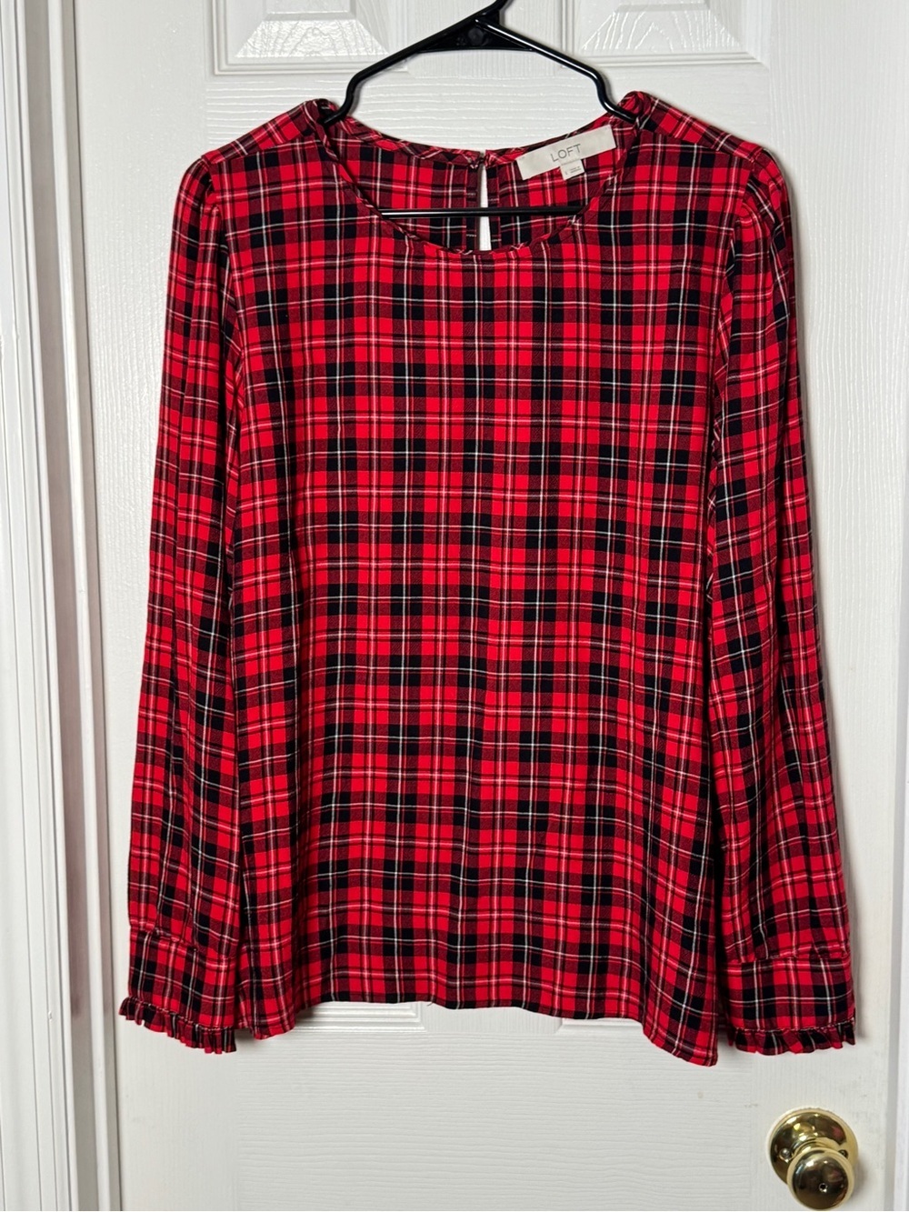 LOFT Tartan Plaid Holiday Blouse Gingham Ruffle Cuff Top Size Large